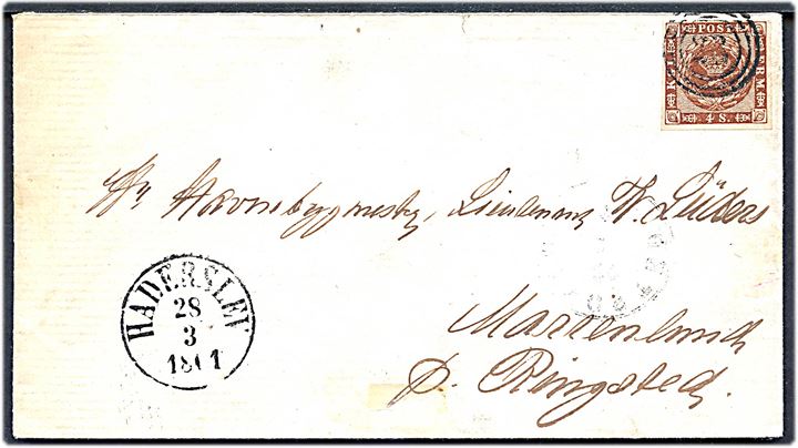 4 sk. 1858 udg. på brev annulleret med nr.stempel 23 og sidestemplet antiqua Haderslev d. 28.3.1861 til Marienlund pr. Ringsted.