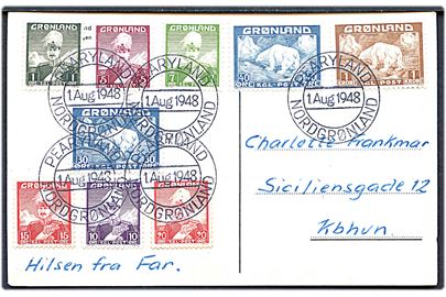 Komplet sæt Chr. X og Isbjørn på ekspeditionsbrevkort annulleret Pearyland Nordgrønland d. 1.8.1948 til København.