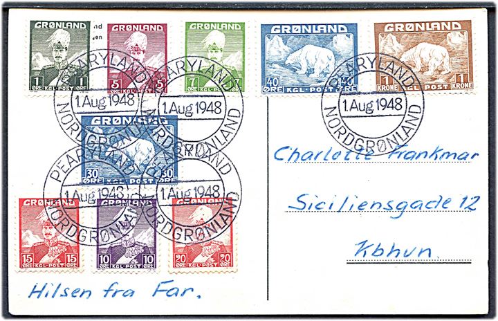 Komplet sæt Chr. X og Isbjørn på ekspeditionsbrevkort annulleret Pearyland Nordgrønland d. 1.8.1948 til København.