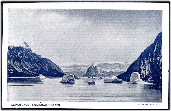 15 øre Chr. X på brevkort (Agpatsundet i Umanaqfjorden) stemplet Godthaab d. 14.7.1949 til Gentofte.
