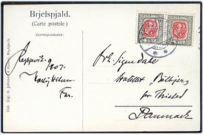 4 aur To Konger i parstykke på brevkort fra Reykjavik d. 9.8.1907 til Bulbjerg pr. Thisted, Danmark.