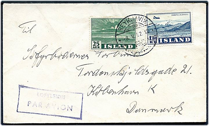 25 aur Hekla og 1,80 kr. Luftpost på luftpostbrev fra Reykjavik d. 8.5.1952 til København. Sendt fra sømand ombord på J. Lauritzen skibet S/S Laura Dan.