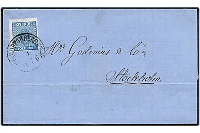 12 öre Våben på brev stemplet Nyakopparberget d. 4.7.1867 til Stockholm.