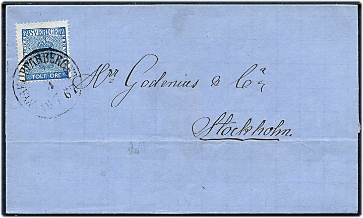 12 öre Våben på brev stemplet Nyakopparberget d. 4.7.1867 til Stockholm.