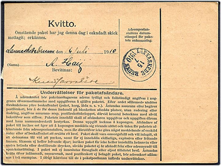 15 öre Oscar II i parstykke på adressekort for pakke fra Wenersborg d. 14.7.1910 til Lannaskede Brunn. Ank.stempel på bagsiden. 