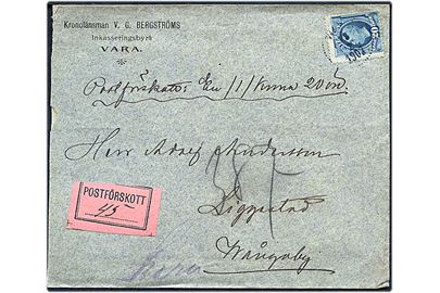 20 öre Oscar II på brev med postopkrævning fra Wara d. 13.2.1907.