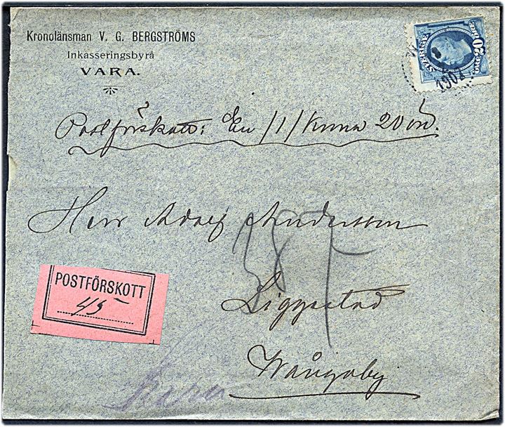 20 öre Oscar II på brev med postopkrævning fra Wara d. 13.2.1907.