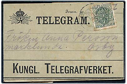 7 öre Tjenestemærke på frankeret telegram med meddelelse fra Södertälje og omdelt lokalt i Orby d. 23.6.1919.