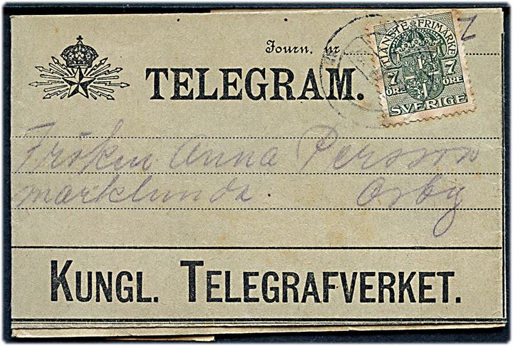 7 öre Tjenestemærke på frankeret telegram med meddelelse fra Södertälje og omdelt lokalt i Orby d. 23.6.1919.