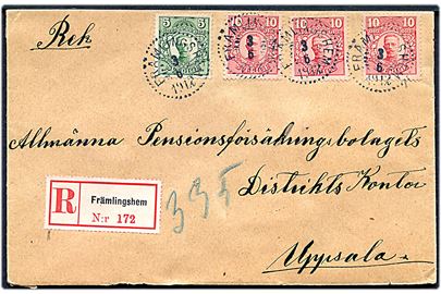 5 öre og 10 öre (3) Gustaf på anbefalet brev fra Främlingshem d. 3.6.1912 til Uppsala. 