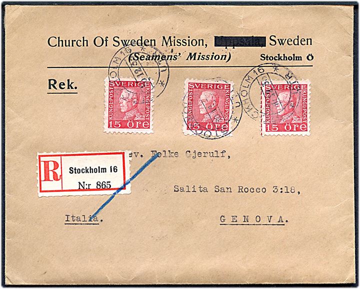 15 öre Gustaf 4-sidet takket (3) på anbefalet brev fra Stockholm d. 30.12.1933 til Genova, Italien. Ank.stemplet d. 2.1.1934.