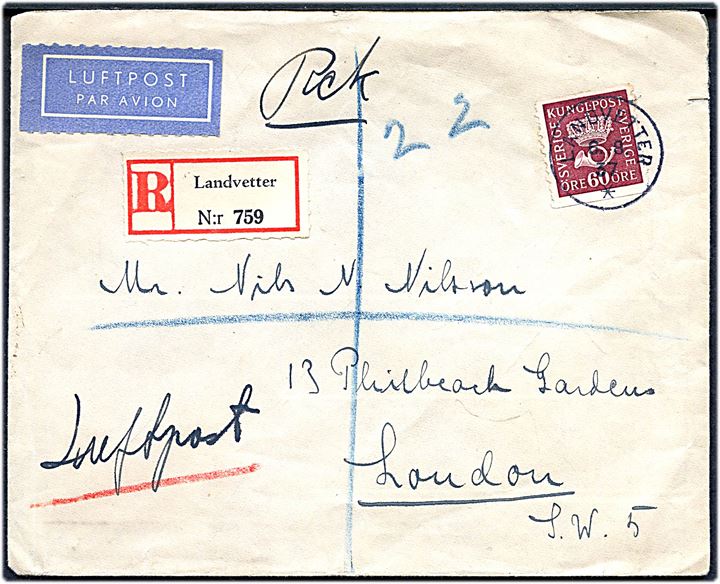 60 öre Posthorn single på anbefalet luftpostbrev fra Landvetter d. 6.8.1937 til London, England.