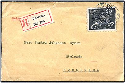 35 øre UPU 50 år single på anbefalet brev med indhold dateret Östersund  d. 18.12.1924 til Borglunda. Utydelig stempeldato.