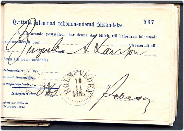 Postkvitteringer (111 stk.) for afsendelse af værdi- og anbefalede breve, samt indbetaling af postanvisninger fra Holmesveden 1899 samlet i lille hæfte. 