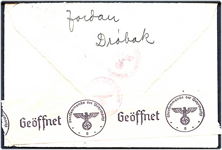 20 øre Løve på brev fra Drøbak d. 25.8.1941 til Baldersnæs pr. Stockholm via skærgårds-damper D/S Prins Gustaf. Åbnet af tysk censur i Oslo.