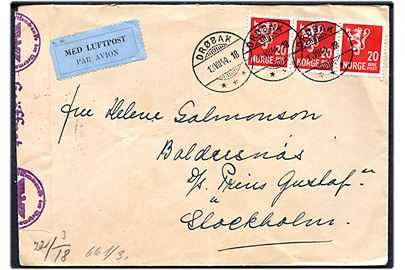 20 øre Løve (3) på luftpost brev fra Drøbak d. 13.8.1944 til Baldersnæs pr. Stockholm via skærgårds-damper D/S Prins Gustaf. Åbnet af tysk censur i Oslo.