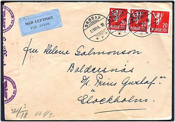 20 øre Løve (3) på luftpost brev fra Drøbak d. 13.8.1944 til Baldersnæs pr. Stockholm via skærgårds-damper D/S Prins Gustaf. Åbnet af tysk censur i Oslo.