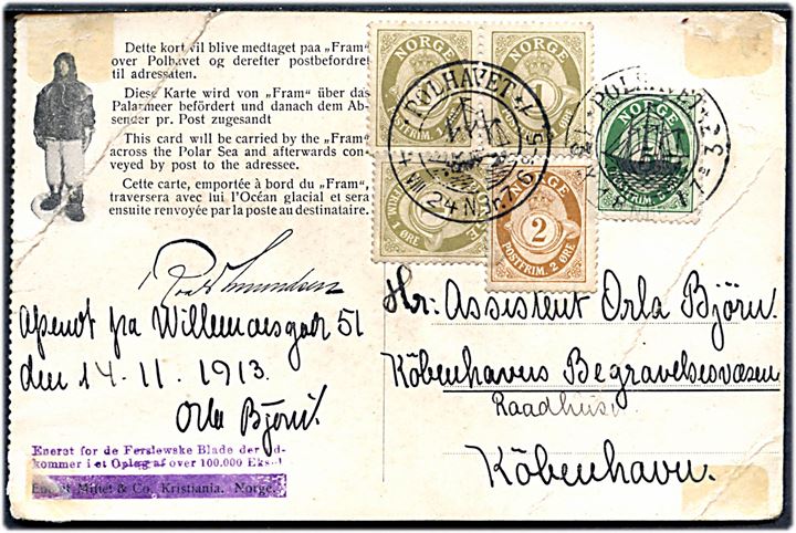1 øre (3), 2 øre og 5 øre Posthorn på Polhavet brevkort afsendt 1913 og annulleret Polhavet både d. 13.9.1918 og 4.8.1924 til København, Danmark. Folder og noget medtaget.