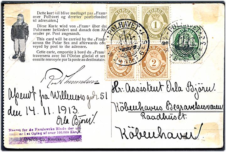 1 øre (2), 2 øre (2) og 5 øre Posthorn på Polhavet brevkort afsendt 1913 og annulleret Polhavet både d. 13.9.1918 og 4.8.1924 til København, Danmark. Folder og noget medtaget.