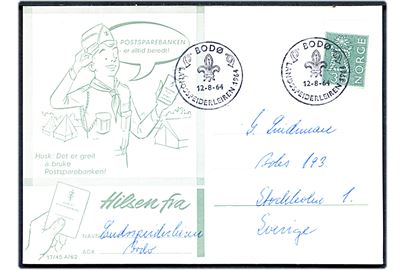 35 øre Knob på illustreret spejder brevkort annulleret med særstempel Bodø Landsspeiderleiren 1964 d. 12.8.1964 til Stockholm, Sverige.