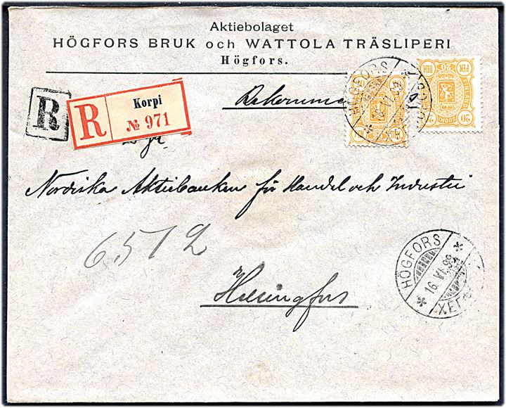 20 pen (2) Våben på anbefalet brev annulleret med 2-sproget stempel i Högfors d. 16.6.1899 til Helsingfors. Påsat rec.-etiket fra Korpi.
