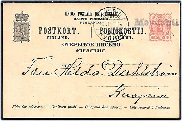 10 pen helsagsbrevkort annulleret med liniestempel Melalathi og sidestemplet Kuopio d. 20.6.1885 til Kuopio.