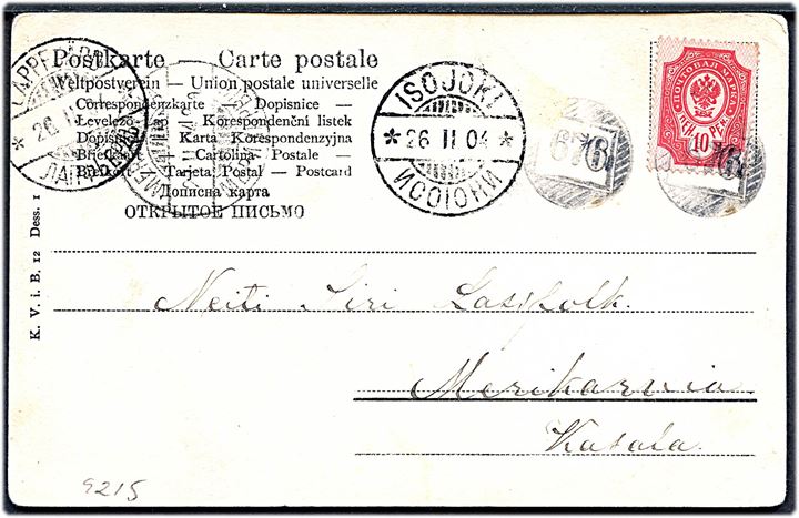 10 pen. Våben på brevkort annulleret med nr.stempel 676 og sidestemplet Isojoki d. 26.2.1904 via Lappfjärd til Merikarvia.