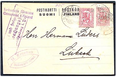 10 pen. helsagsbrevkort opfrankeret med 10 pen. Løve fra Nystad d. 23.8.1918 til Lübeck, Tyskland. Både finsk 2-sproget borgerkrigscensur og tysk censur fra Königsberg.
