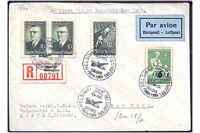 10 mk. Pax, 10 mk. Passikivi (par) og 6+1/5+1 mk. Provisorium på anbefalet 1.-flyvningsbrev annulleret Helsinki - New York førsta turen d. 21.6.1947 til New York, USA.