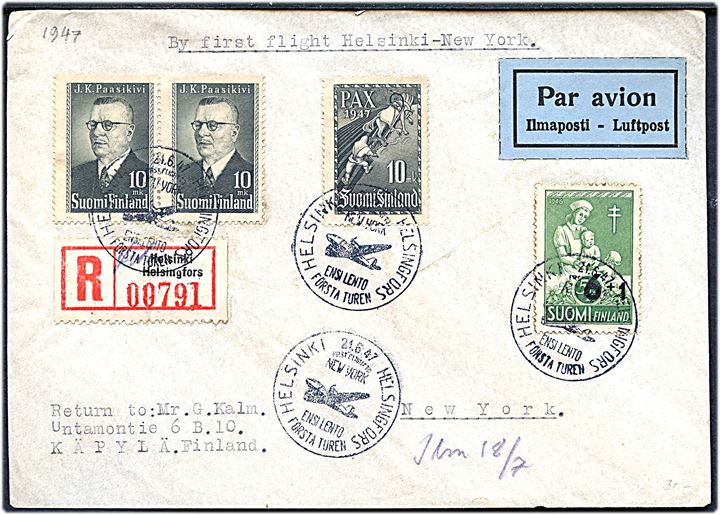 10 mk. Pax, 10 mk. Passikivi (par) og 6+1/5+1 mk. Provisorium på anbefalet 1.-flyvningsbrev annulleret Helsinki - New York førsta turen d. 21.6.1947 til New York, USA.