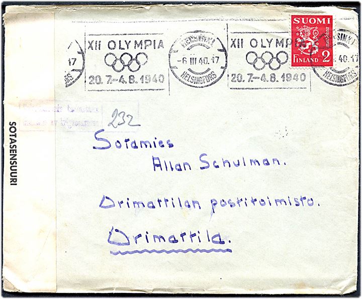 2 mk. Løve på brev annulleret med TMS XII Olympia 20.7.-4.8.1940/Helsingfors d. 6.3.1940 til soldat i Orimattila. Åbnet af finsk censur. 