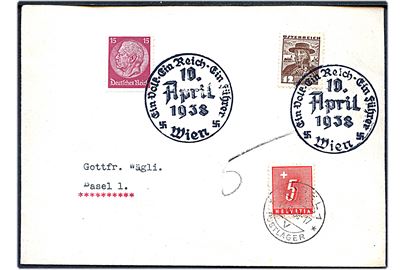 Østrigsk 12 gr. og tysk 15 pfg. Hindenburg på blandingsfrankeret anschluss brev stemplet Wien Ein Volk Ein Reich Ein Führer / 10.4.1938 til Basel, Schweiz. Påsat 5 c. schweizisk portomærke stemplet Basel d. 14.4.1938. 