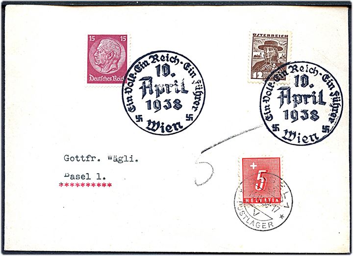 Østrigsk 12 gr. og tysk 15 pfg. Hindenburg på blandingsfrankeret anschluss brev stemplet Wien Ein Volk Ein Reich Ein Führer / 10.4.1938 til Basel, Schweiz. Påsat 5 c. schweizisk portomærke stemplet Basel d. 14.4.1938. 