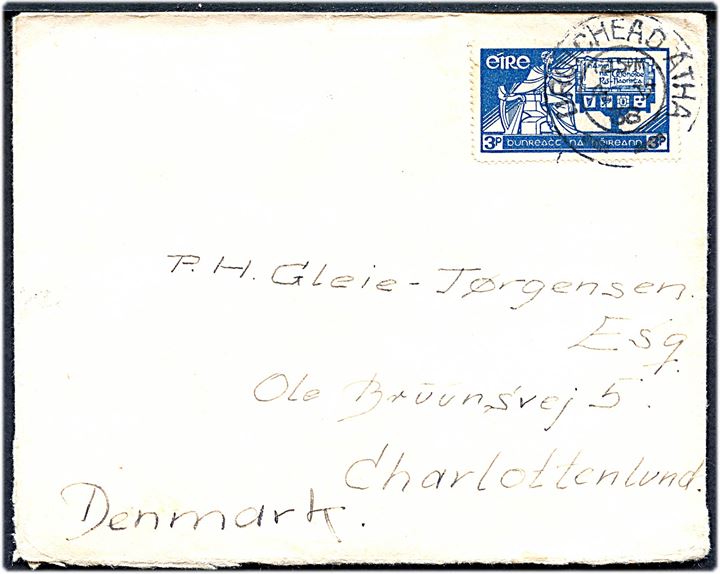 3 pg. Forfatning single på brev fra Droichead Átha d. ?.5.1938 til Charlottenlund, Danmark.