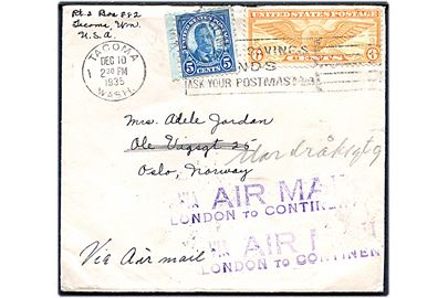 5 cents Roosevelt og 6 cents Winged Globe på luftpostbrev fra Tacoma d. 10.12.1935 til Oslo, Norge - eftersendt lokalt. Violet luftpoststempel: Via Air Mail London to Continent. Ank.stemplet i Oslo d. 22.12.1935.