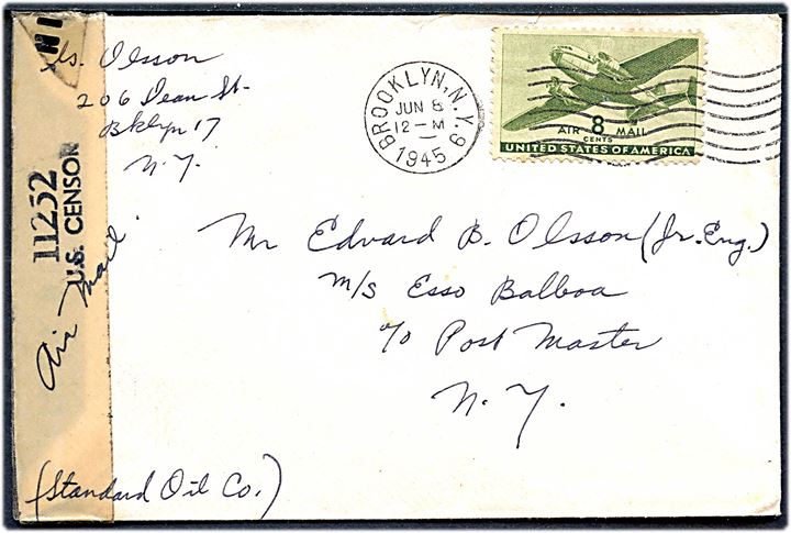 8 cents Transport på luftpostbrev fra Brooklyn d. 8.6.1945 til sømand (norsk?) ombord på tankskibet M/S Esso Balboa c/o Postmaster New York. Åbnet af amerikansk censur no. 11252.