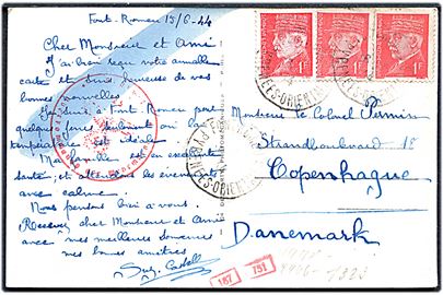 1 fr. Petain (3) på brevkort fra Fort Romeu d. 15.6.1944 til København, Danmark. Tysk censur med spor efter kemisk kontrol.