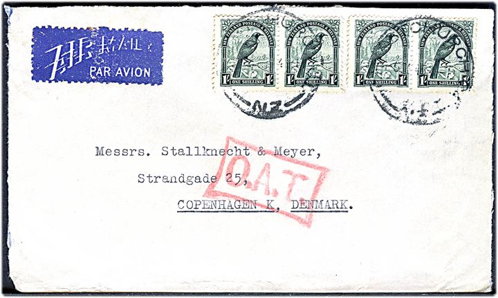 1 sh. Fugl (4) på luftpostbrev fra Christchurch d. 6.9.1945 til København, Danmark. Luftpost stempel O.A.T. (Onward Air Transmission fra London. Bagklap mgl.
