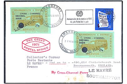 0,50 c. FN Geneve udg. og 25 p. Bournmouth & District Postal Emergency udg. (2) på strejkebrev via Le Havre og Southampton til Bournmouth, England. Filatelistisk.