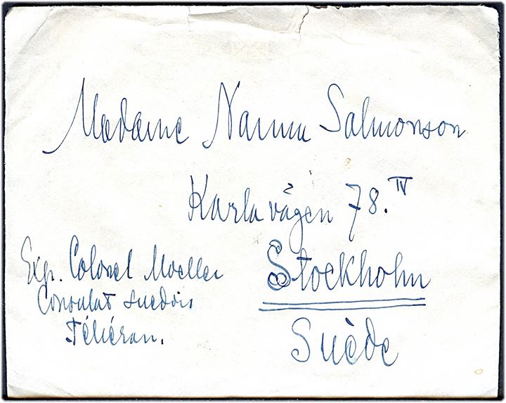 Blandingsfrankering af Persien udg. på bagsiden af brev fra svensk oberst Møller ved den svenske Ambassade i Teheran d. 18.5.1933 til Stockholm, Sverige.