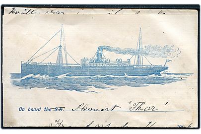 Illustreret britisk brevpapir med dampskib skrevet ombord på skonnerten Thor i Kamfors d. 9.9.1906. Uden kuvert.