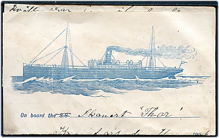 Illustreret britisk brevpapir med dampskib skrevet ombord på skonnerten Thor i Kamfors d. 9.9.1906. Uden kuvert.