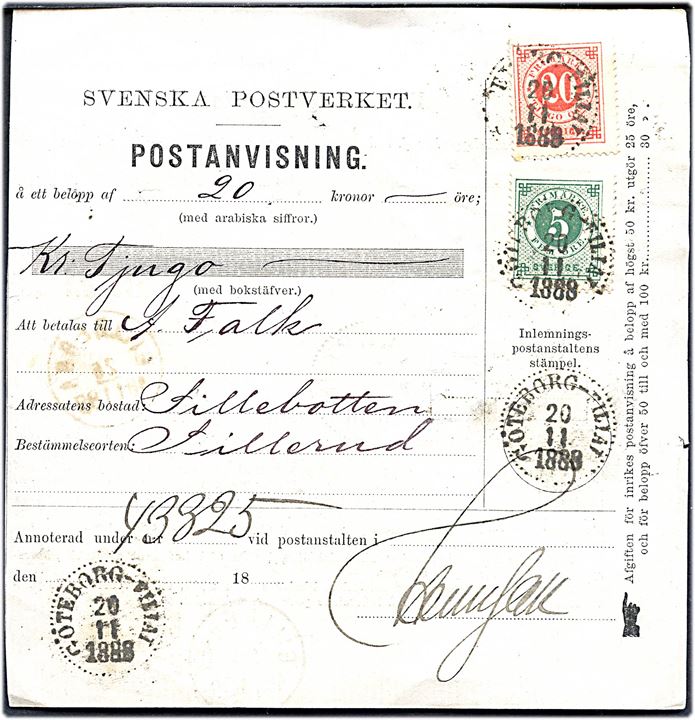 5 öre og 20 öre Ringtype med posthorn på postanvisning fra Göteborg-Filial d. 20.11.1888 via Gillberga til Sillerud.
