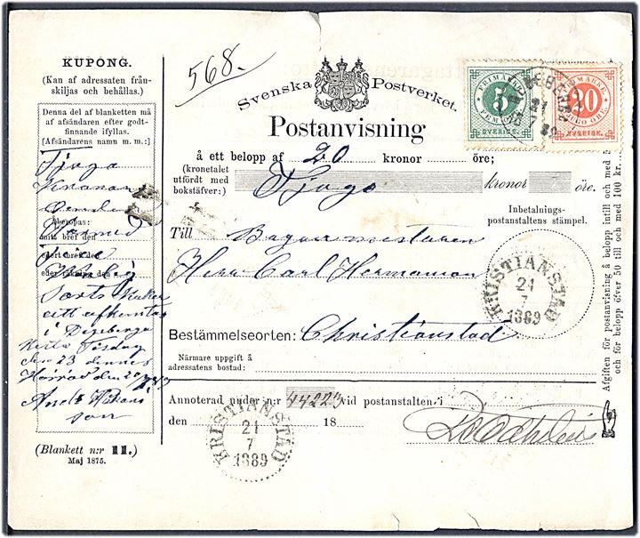 5 öre og 20 öre Ringtype med posthorn på postanvisning fra Degeberga d. 21.7.1889 til Kristianstad.