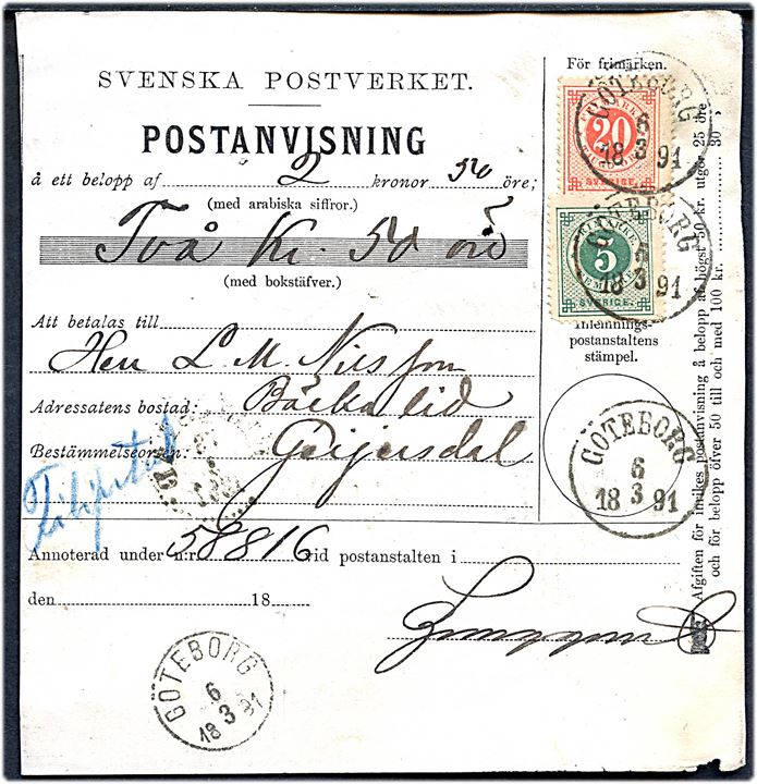 5 öre og 20 öre Ringtype med posthorn på postanvisning fra Göteborg d. 6.3.1891 via Filipstad til Geijersdal. 