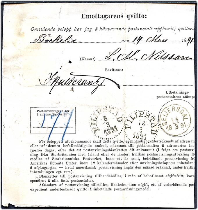 5 öre og 20 öre Ringtype med posthorn på postanvisning fra Göteborg d. 6.3.1891 via Filipstad til Geijersdal. 