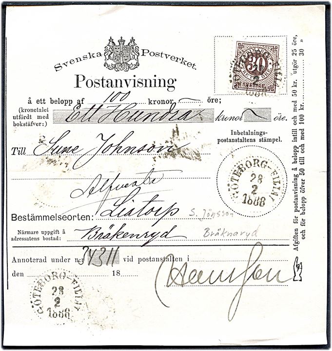30 öre Ringtype med posthorn på postanvisning fra Göteborg-Filial d. 28.8.1888 via Alfvesta til Liatorp.