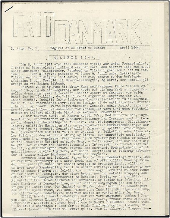 Frit Danmark. 3. Aargang nr. 1 - april 1944. Illegalt blad på 11 sider.