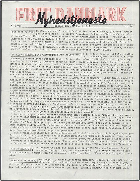 Frit Danmark - Nyhedstjeneste. 1. Aargang nr. 28 d. 12.4.1944. Illegalt blad på 2 sider.