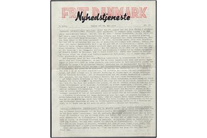 Frit Danmark - Nyhedstjeneste. 1. Aargang nr. 33 d. 24.5.1944. Illegalt blad på 2 sider.